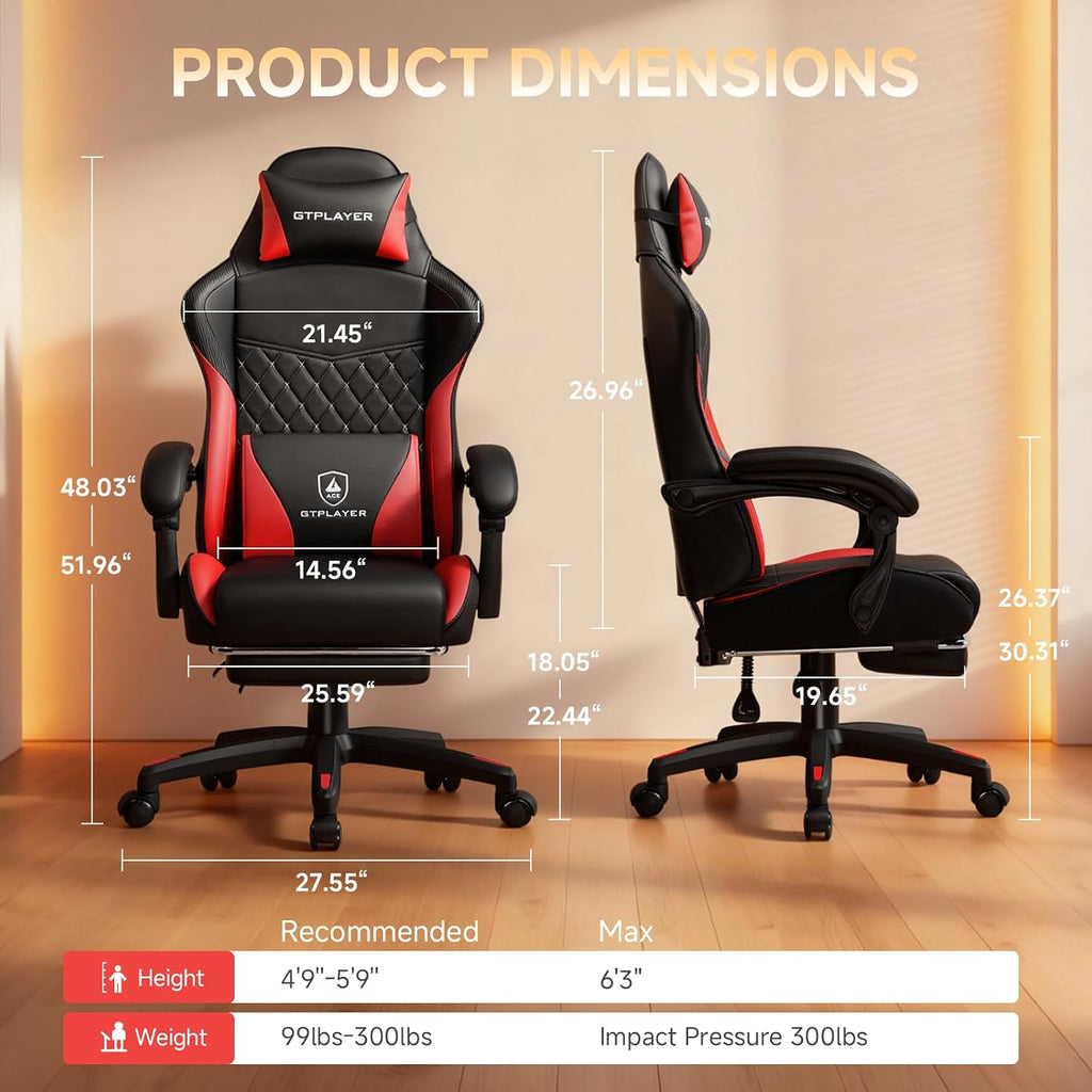 GTPLAYER Gaming Chair, High Back Leather Computer Gaming Chair with Footrest, Ergonomic Height Adjustable Office Chair with Removable Cover and Lumbar Support for Gaming and Work (Red)