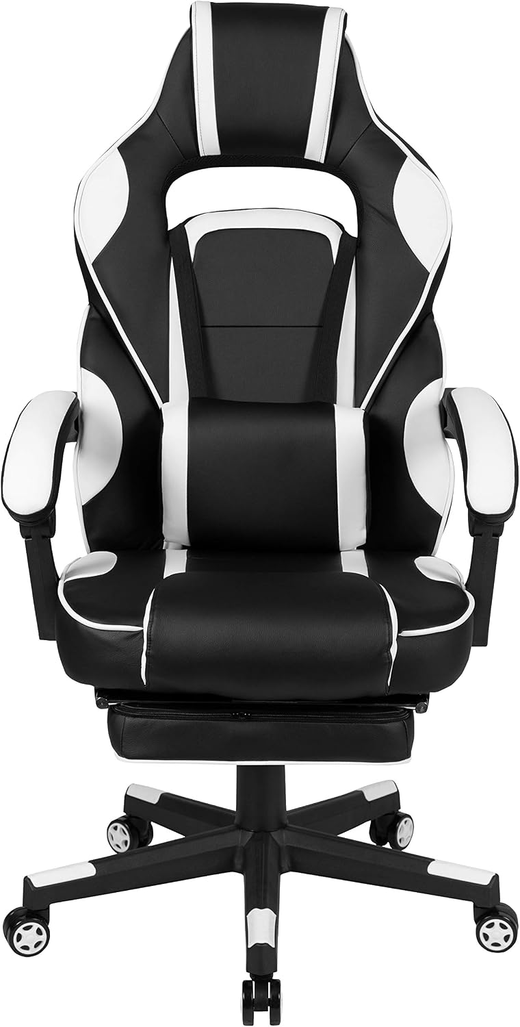 EMMA + OLIVER White Ergonomic Gaming Chair - Reclining Back/Arms, Footrest, Massaging Lumbar