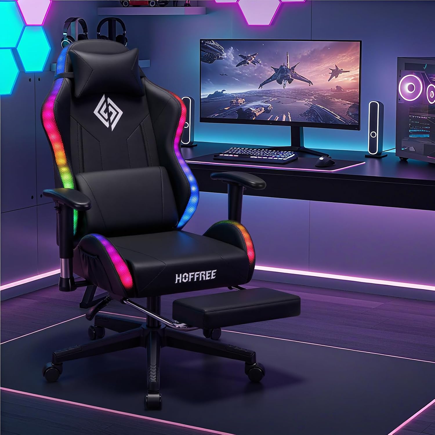 HOFFREE RGB LED Gaming Chair for Kids Reclining Gaming Chairs for Teens 8-15 Computer Chair with RGB Lights Kids PC Game Chair with Footrest and Lumbar Support Video Game Chairs Black