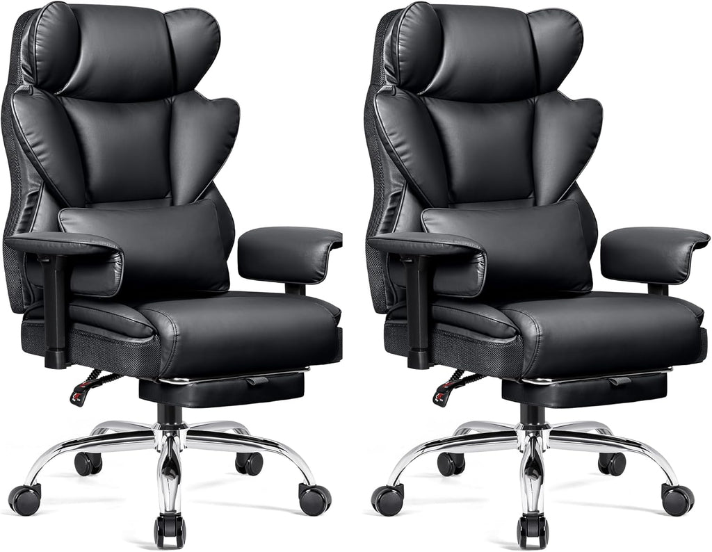 BESTFAIR Big and Tall Office Chair - Heavy Duty 400 LBS Executive Chair with Foot Rest, High Back Ergonomic Desk Chair, Padded Wide Seat Gaming Chair, Adjustable Armrests, Black 2 Pack