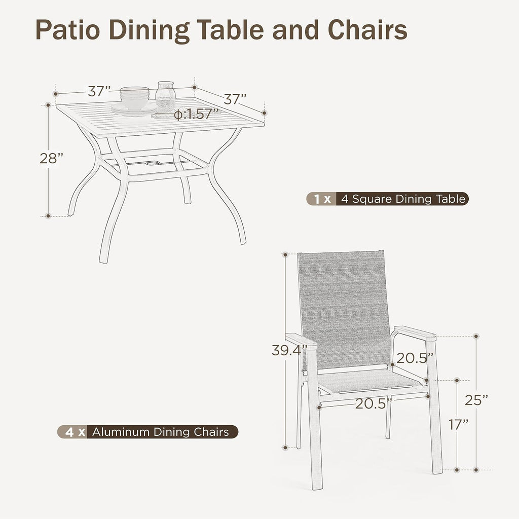 PHI VILLA 7 PCS Patio Dining Set, Outdoor Furniture for 6 Person, Patio Metal Furniture Set with 59'x35.4' Dining Table & 6 Aluminum Stackable Chairs, Patio Sets for Deck Garden Poolside, Grey