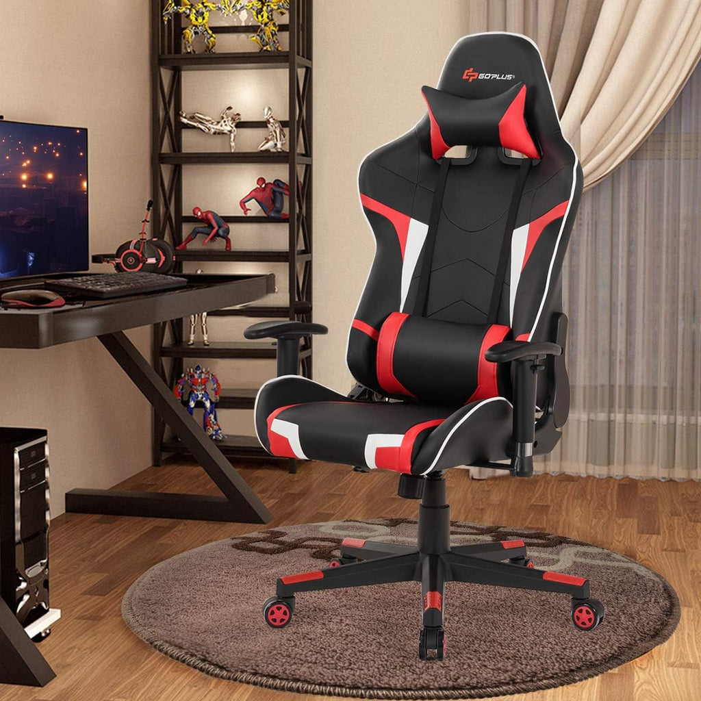 Goplus Gaming Massage Office Chair, High Back PU Leather Adjustable Arms Headrest Ergonomic Reclining Racing Chair, Rolling Swivel Executive Computer Chair