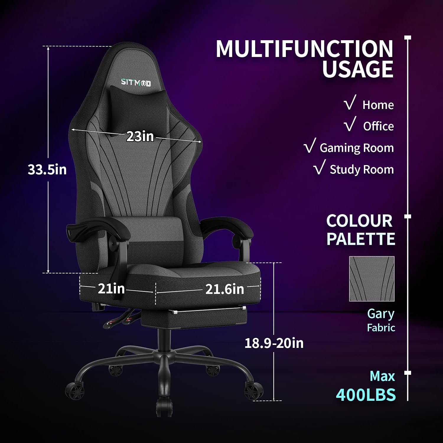 SITMOD Gaming Chair - 150° Reclining Ergonomic Gaming Chairs for Adults with Footrest & Premium Fabric, Big and Tall Computer Chair for Home Game Room, Gamer Chair & Silla Gamer Supports 400 lbs, Gray
