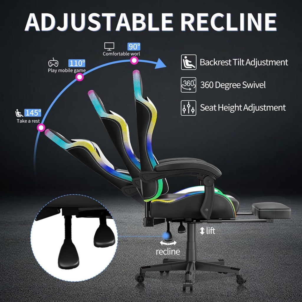 Gaming Chairs for Adults Tall and Kids，Lumbar Support,LED Lights，High Back Reclining Computer Chair with Headrest (Black+White)