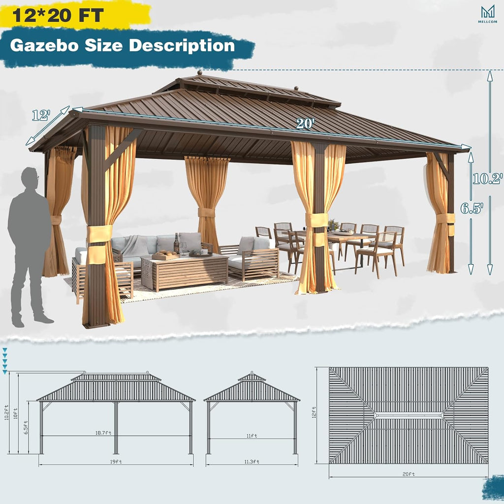 MELLCOM 12'x20' Hardtop Gazebo, Metal Double Roof Aluminum Gazebos with Curtain and Netting,Brown Permanent Galvanized Steel Pavilion for Patio, Lawn & Deck