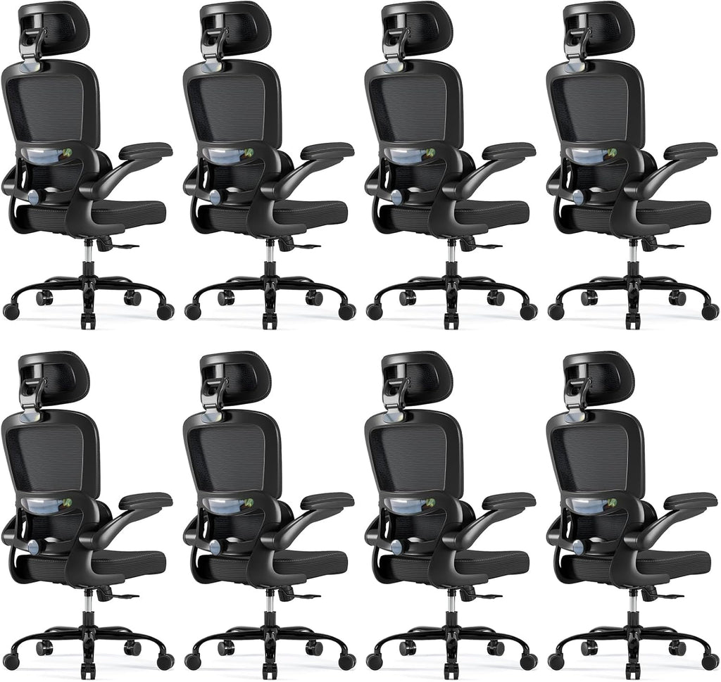 TRALT Ergonomic Office Chair - Desk Chair with Adjustable Headrest Lumbar Support Computer Chair - Mesh Comfy Chair with Flip-up Armrests - Gaming Chair for Adults Home Office PU, Black, Pack of 8