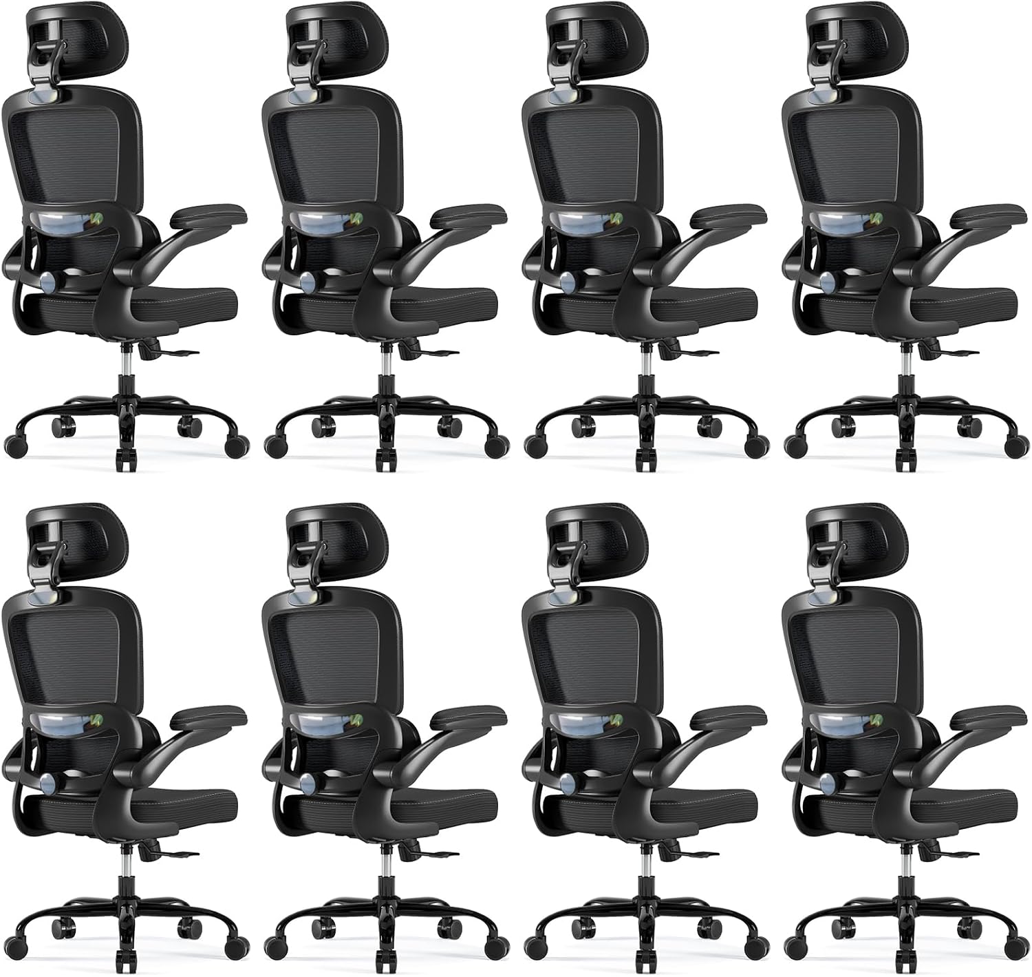 TRALT Ergonomic Office Chair - Desk Chair with Adjustable Headrest Lumbar Support Computer Chair - Mesh Comfy Chair with Flip-up Armrests - Gaming Chair for Adults Home Office PU, Black, Pack of 8