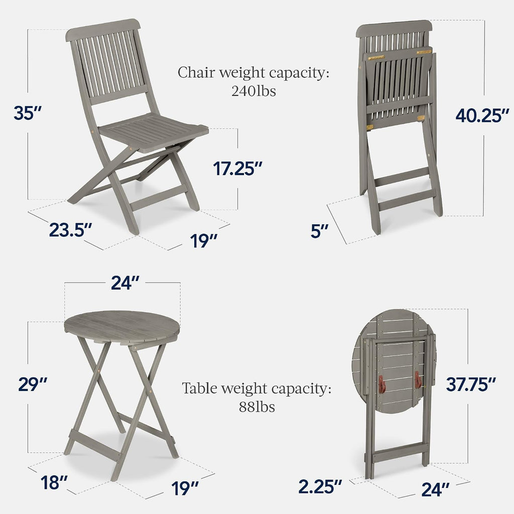 Best Choice Products 3-Piece Acacia Wood Bistro Set, Folding Patio Furniture for Backyard, Balcony, Deck w/ 2 Chairs, Round Coffee Table, Teak Finish - Gray