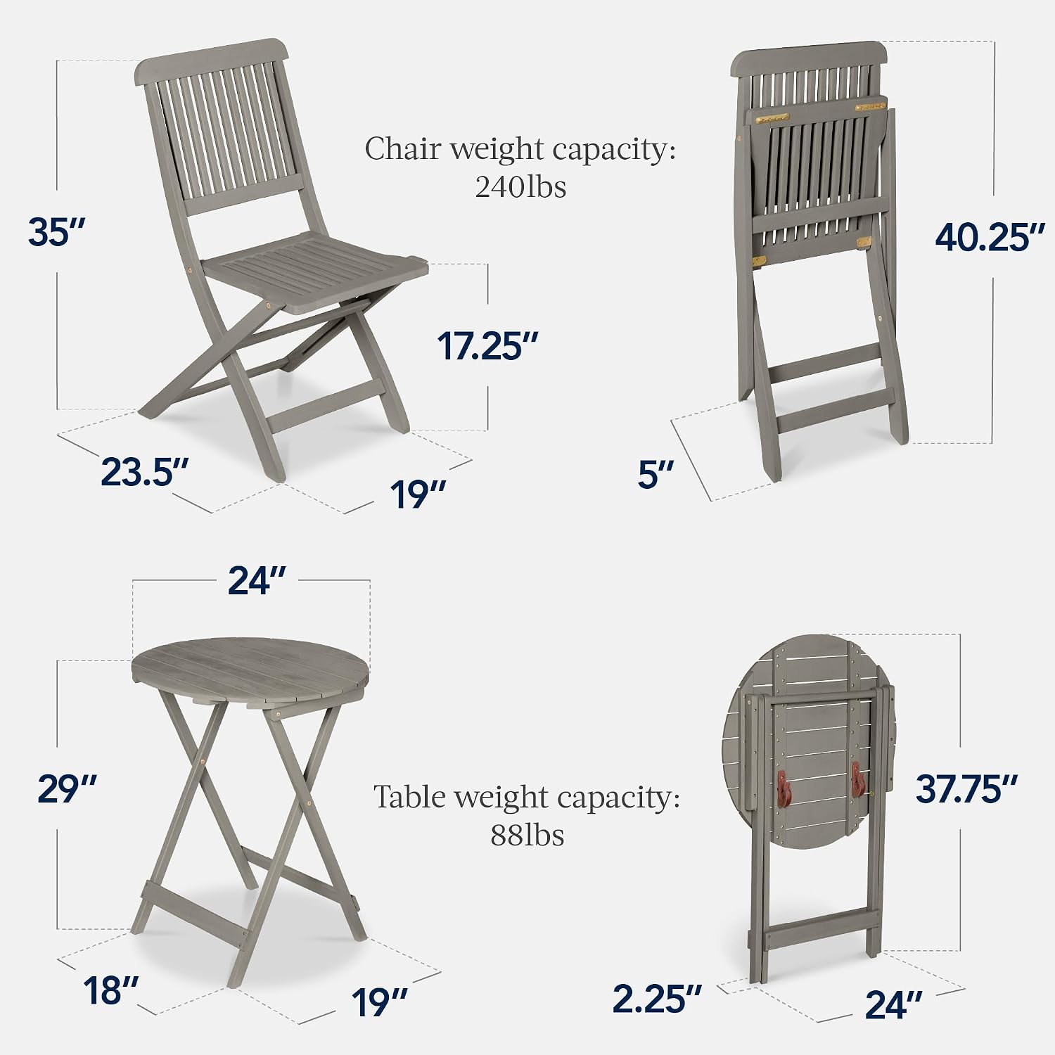 Best Choice Products 3-Piece Acacia Wood Bistro Set, Folding Patio Furniture for Backyard, Balcony, Deck w/ 2 Chairs, Round Coffee Table, Teak Finish - Gray