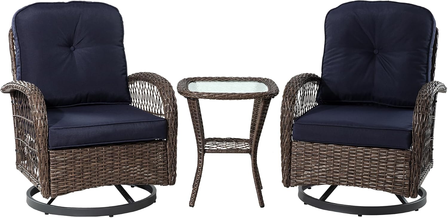 SHA CERLIN 3 Pieces Patio Furniture Set, Outdoor Swivel Glider Rocker, Wicker Patio Bistro Set with Rocking Chair, Cushions and Table (Blue)