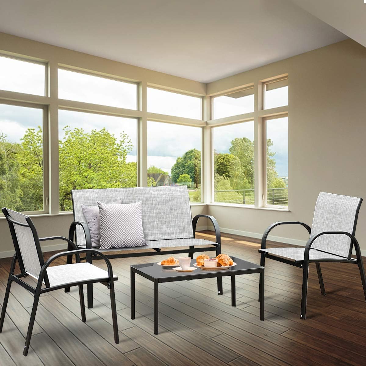 Tangkula 4 Pieces Patio Furniture Set, Metal Frame Heavy Duty Outdoor Conversation Set, Includes Glass Top Coffee Table, 2 Armrest Chairs and Loveseat, Suitable for Lawn Garden Porch Balcony (Gray)