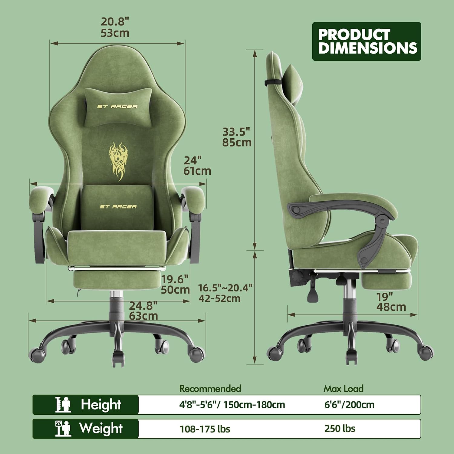 Ferghana Velvet Fabric Gaming Chair, High Back Ergonomic Gamer Chair for Adult, Comfortable Video Game Chair with Footrest and Massage Lumbar Cushion, Racing Reclining Office Computer Desk Chair Green