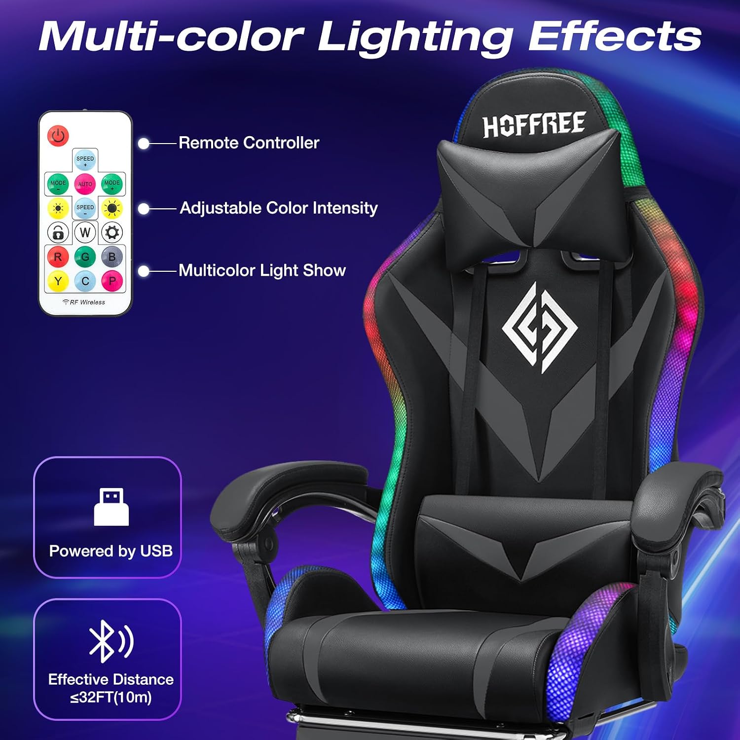 RGB Gaming Chair with Massage and LED Lights Ergonomic Video Game Chairs with Footrest High Back Reclining Computer Chair with Adjustable Lumbar Support Grey and Black