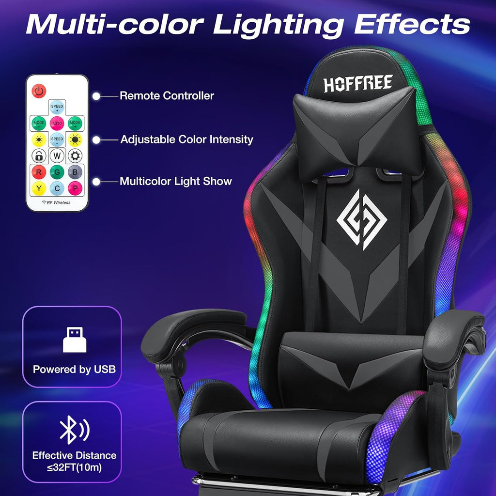 Gaming Chair Massage with LED RGB Lights and Footrest Ergonomic Computer Chair High Back Video Game Chair with Adjustable Lumbar Support Linkage Armrest Grey and Black