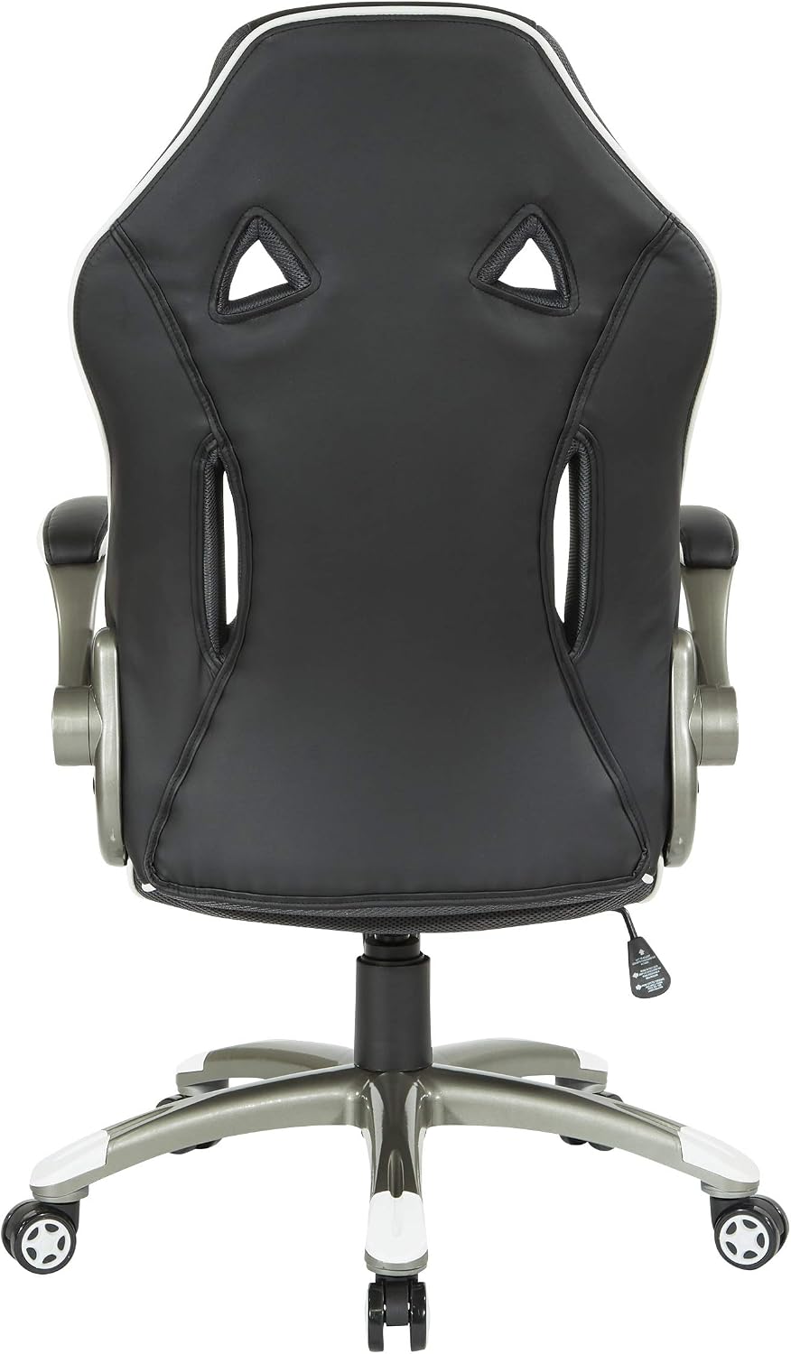 OSP Home Furnishings Xplorer 51 Ergonomic Adjustable High Back Gaming Chair with Lumbar Support and Padded Flip Arms, Black Faux Leather with White Trim