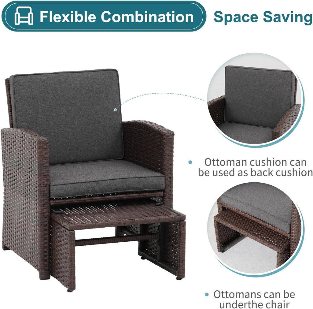 OC Orange-Casual 5 Pcs Patio Conversation Set Balcony Furniture Set with Cushions, Brown Wicker Chair with Ottoman, Storage Table for Backyard, Garden, Porch, Dark Grey