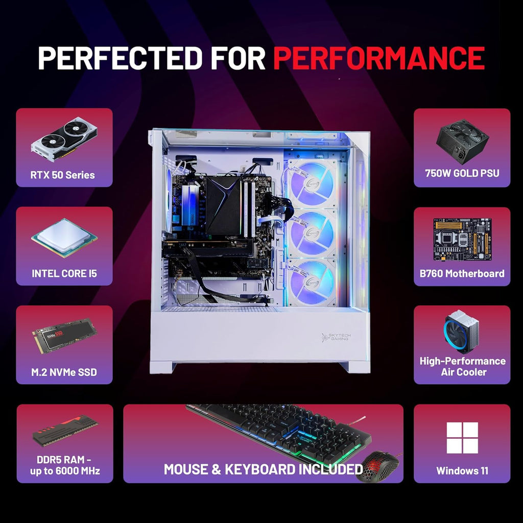 Skytech Gaming Archangel 5 Gaming PC, Intel i5 14400F 2.5GHz, NVIDIA RTX 5060, 1TB NVMe SSD, 16GB DDR5 RAM 6000, 750W Gold PSU, Wi-Fi, Win 11, Desktop