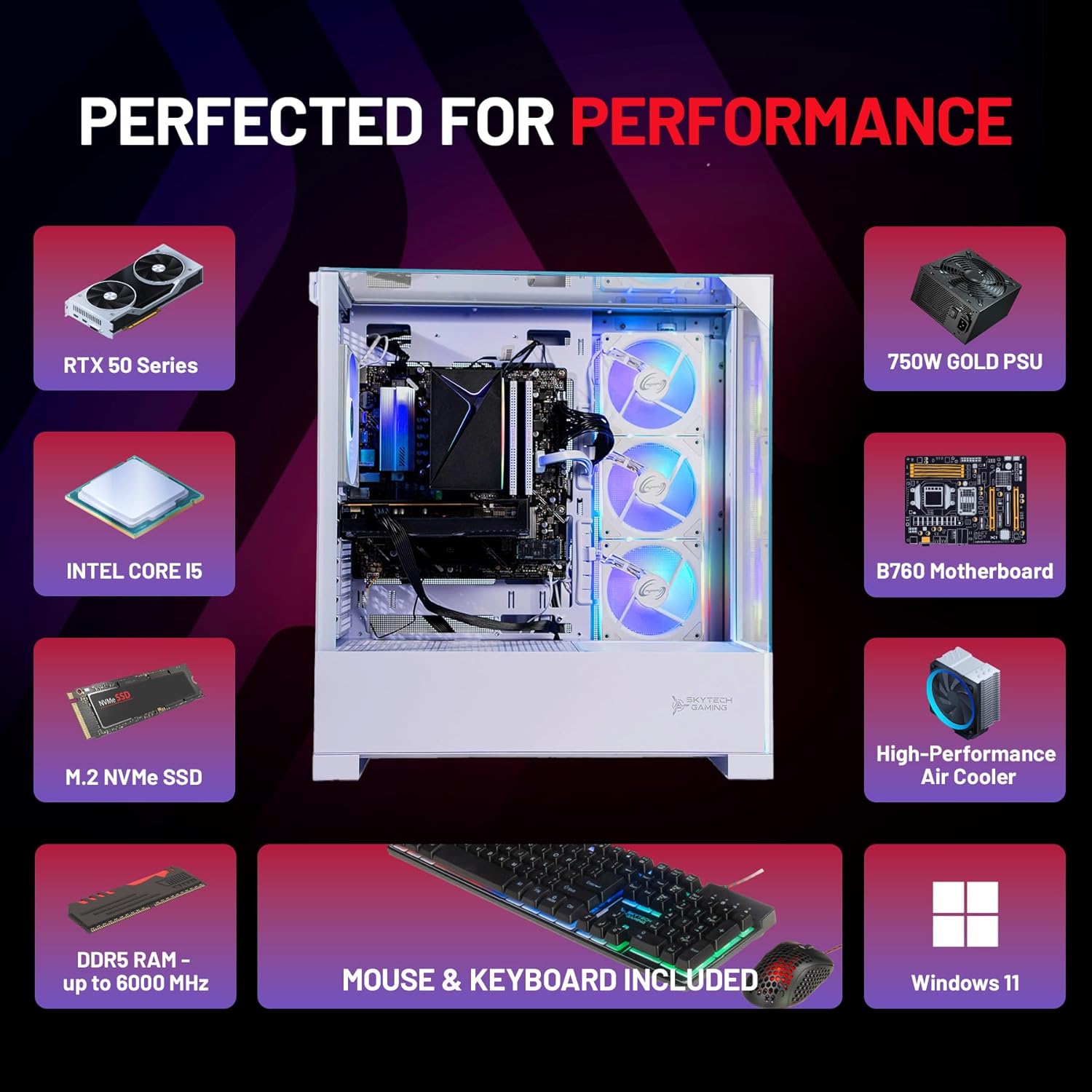 Skytech Gaming Archangel 5 Gaming PC, Intel i5 14400F 2.5GHz, NVIDIA RTX 5060, 1TB NVMe SSD, 16GB DDR5 RAM 6000, 750W Gold PSU, Wi-Fi, Win 11, Desktop