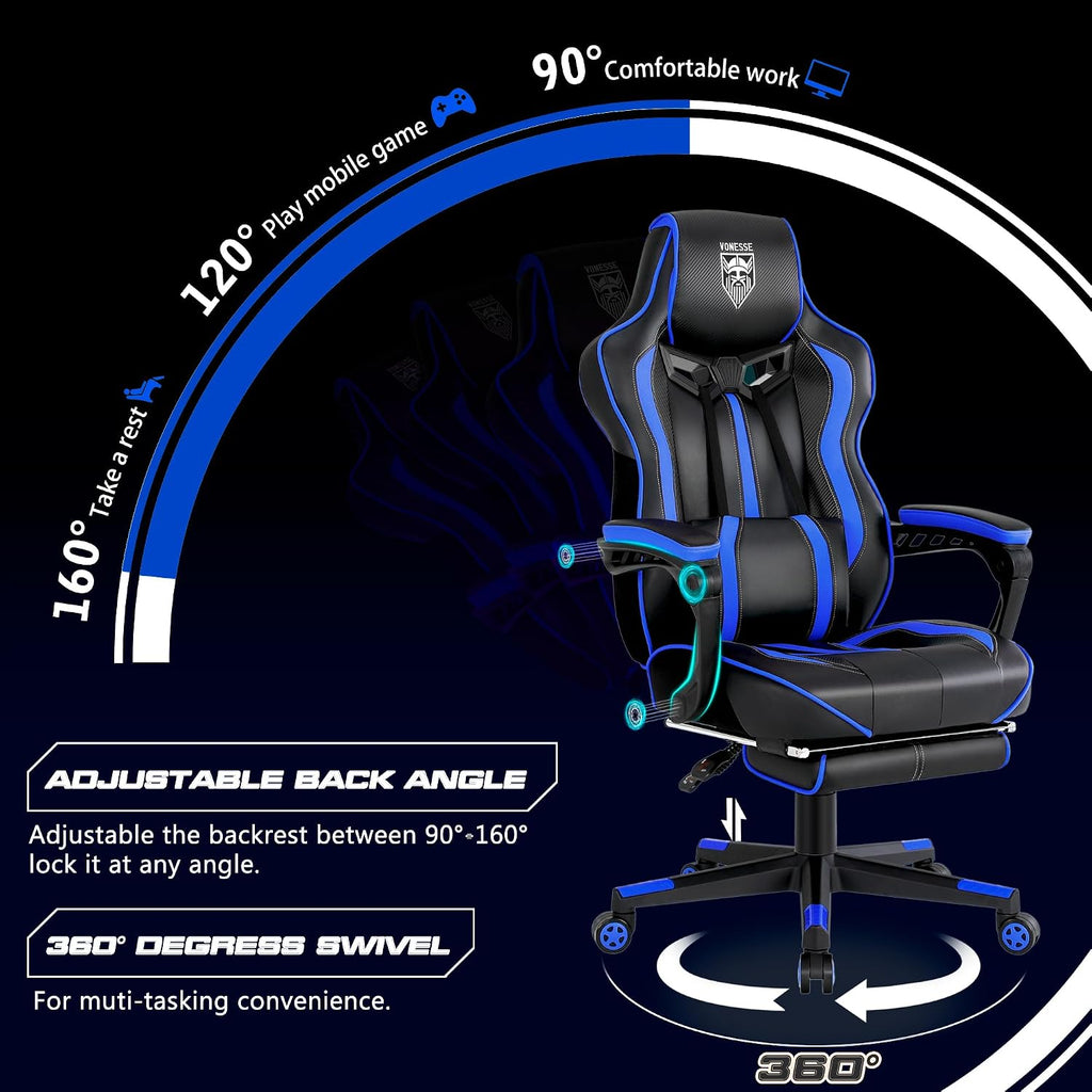 Vonesse Gaming Chairs for Adults, Gamer Chair with Footrest and Massage, Reclining Big and Tall Ergonomic Gaming Chair, Computer Chairs for Heavy People 300LBS (Blue/Black)