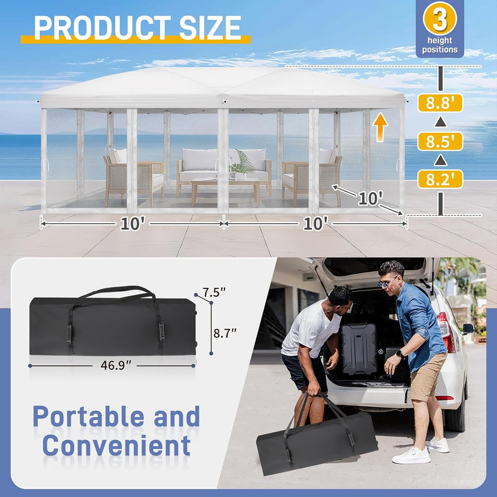 VINGLI 10x20 Pop Up Canopy with Sidewalls Carry Bag Easy Up Canopy Tent with Nettings, Screened in Gazebo for Camping Screened Canopy (White, 10x20)