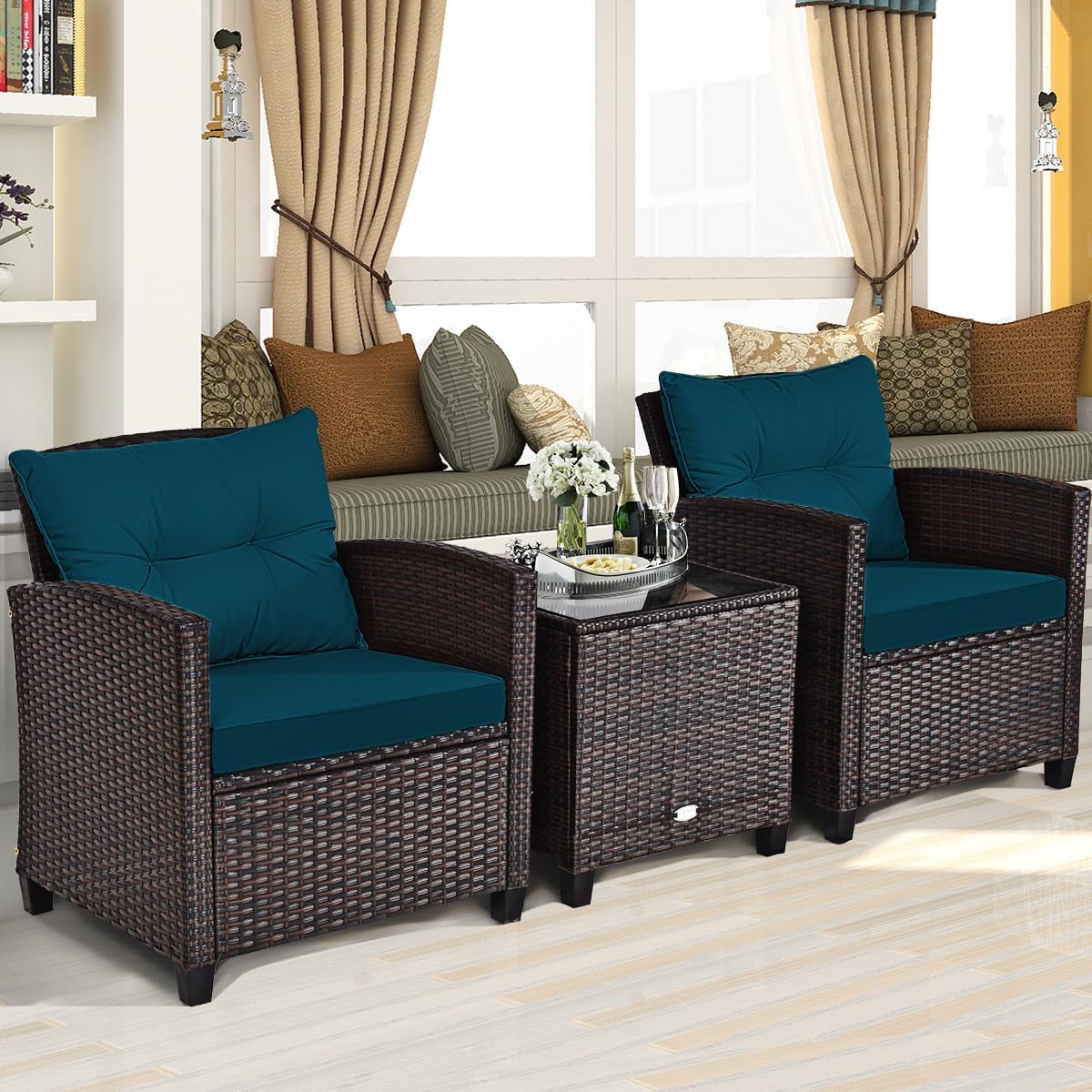 RELAX4LIFE 3 Piece Patio Furniture Set, Wicker Bistro Conversation Set w/2 Cushioned Armchairs & Glass Topped Table, Outdoor Rattan Sofa Set Patio Furniture for Porch Balcony Poolside (Peacock Blue)