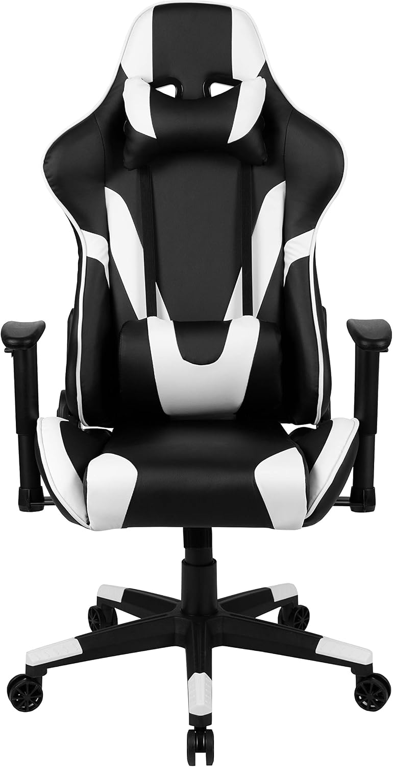 Flash Furniture X20 Fully Reclining LeatherSoft Racing Style Gaming Chair with Headrest, Lumbar Pillows, Ergonomic Swivel Computer Chair, Black/White