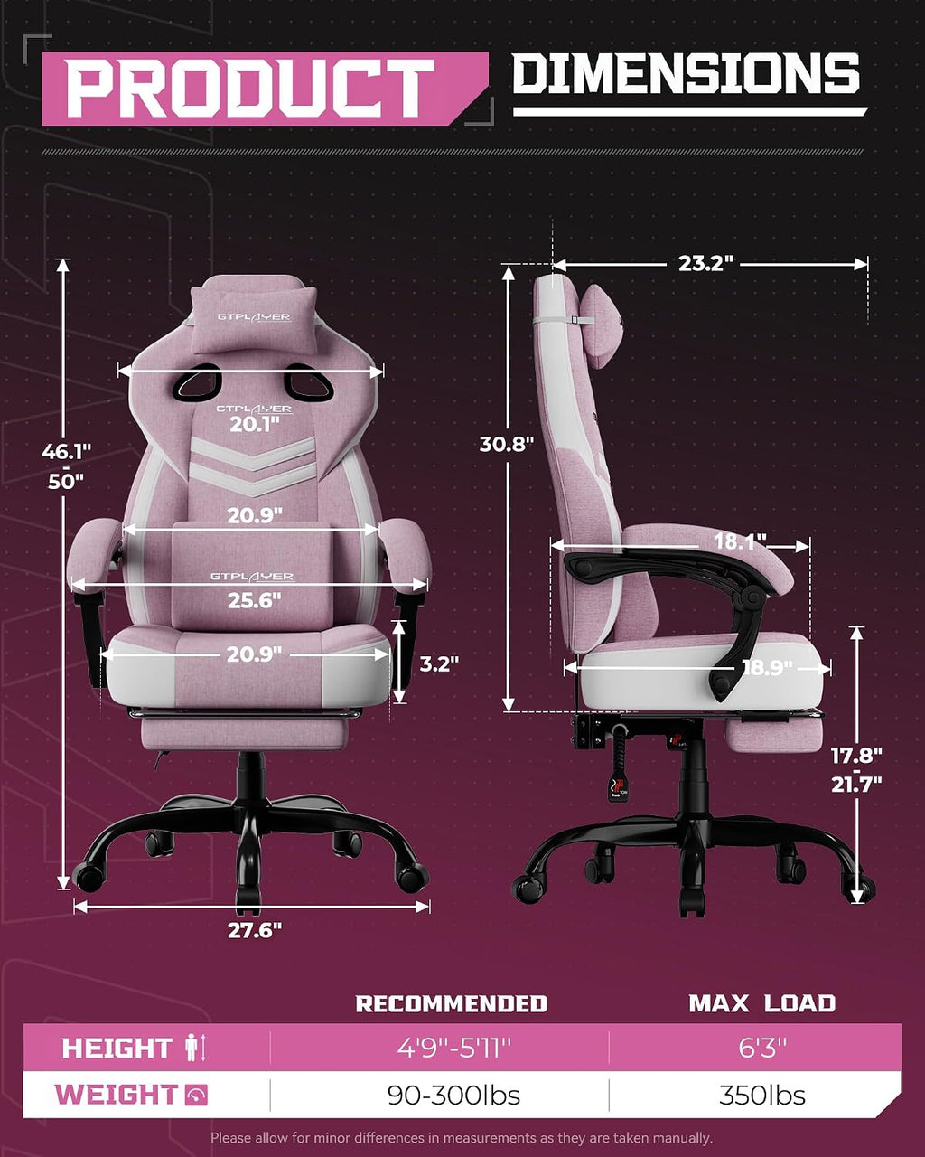 GTPLAYER Gaming Chair, Computer Chair with Footrest and Lumbar Support for Adults, 360°-Swivel Big & Tall Reclining Seat for Office or Gaming (Pink)