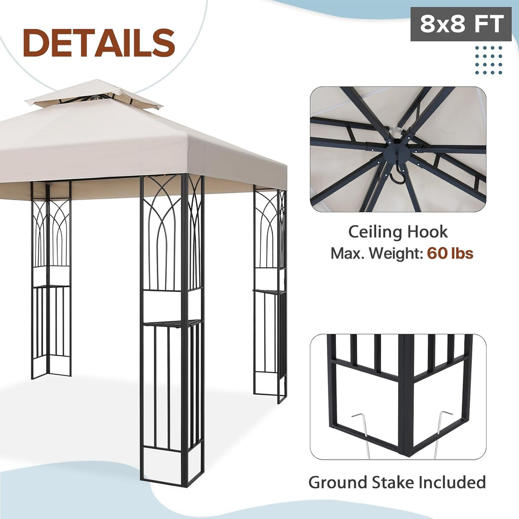 EAGLE PEAK Patio Gazebo 8x8 with Corner Shelves, Double Roof Outdoor Pavilion for Lawn, Deck, Garden and Backyard, Beige