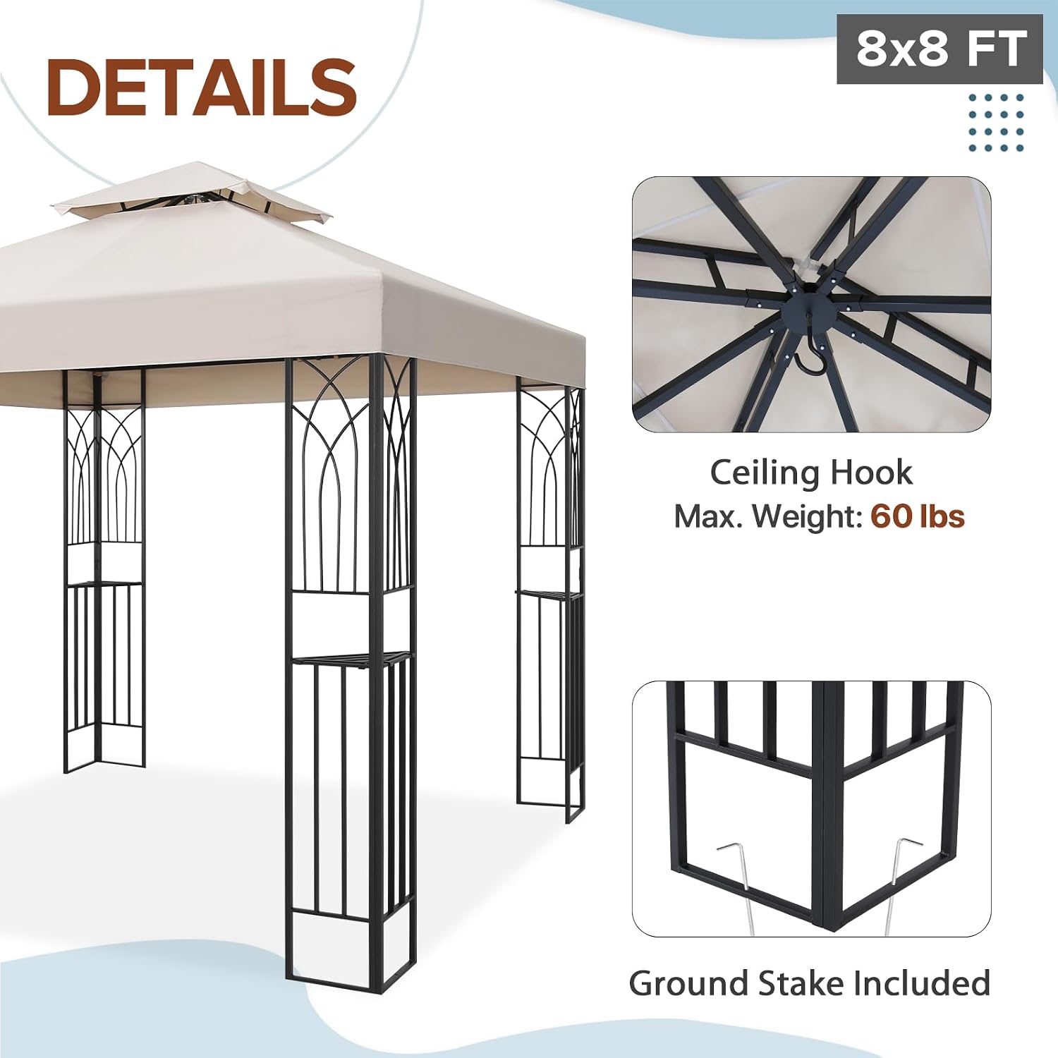 EAGLE PEAK Patio Gazebo 8x8 with Corner Shelves, Double Roof Outdoor Pavilion for Lawn, Deck, Garden and Backyard, Beige
