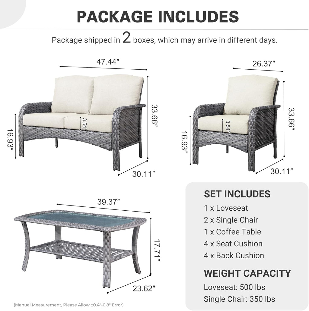 ovios 4-Piece Patio Furniture Set, Outdoor Wicker Sofa with Chairs Coffee Table, High Back Rattan Couch Loveseat with Comfy Cushions for Porch Yard Deck, Beige