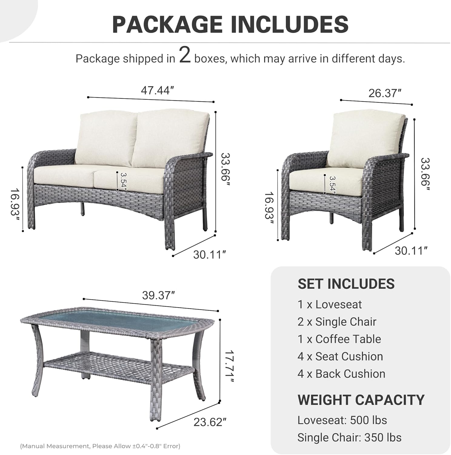 ovios 4-Piece Patio Furniture Set, Outdoor Wicker Sofa with Chairs Coffee Table, High Back Rattan Couch Loveseat with Comfy Cushions for Porch Yard Deck, Beige