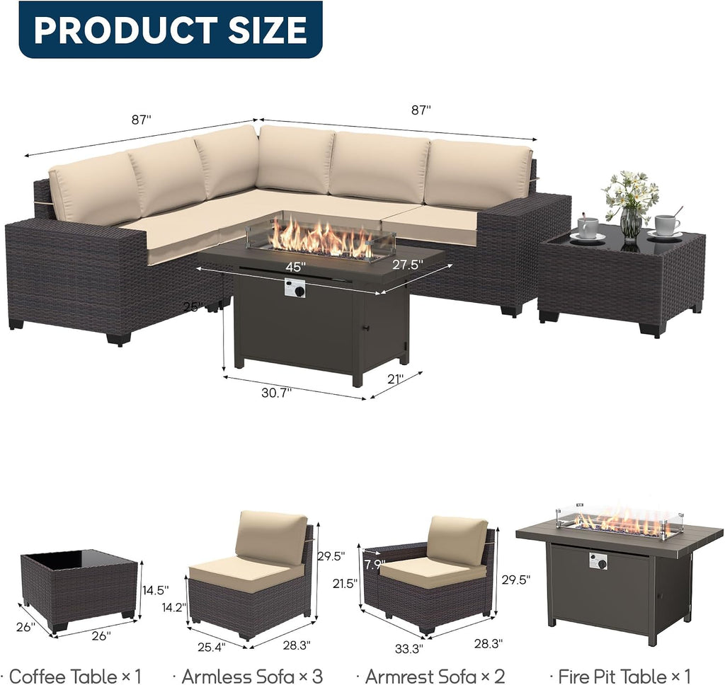Patio Furniture Set 7 Pieces Outdoor Furniture Patio Conversation Set w/43in Aluminum Gas Fire Pit,PE Rattan Wicker 7 Pcs Outdoor Sofa Set w/55000 BTU Propane Fire Pit Table,Sand