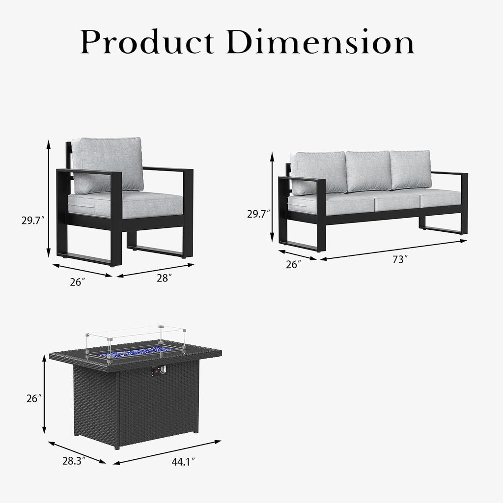 LayinSun 4 Pieces Aluminum Outdoor Patio Furniture Set, Metal Modern Conversation Sofa Set with Fire Pit Table and Washable Thick Cushions for Porch, Backyard, Deck