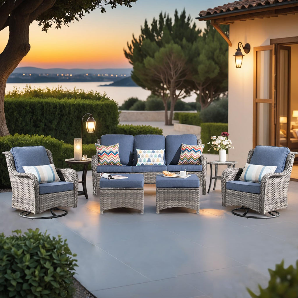 ovios 6-Pieces Patio Furniture Set, Outdoor Wicker Sofa Couch with Swivel Glider Chairs Comfy Cushions, High Back Modern Conversation Set, Grey Rattan, Denim Blue