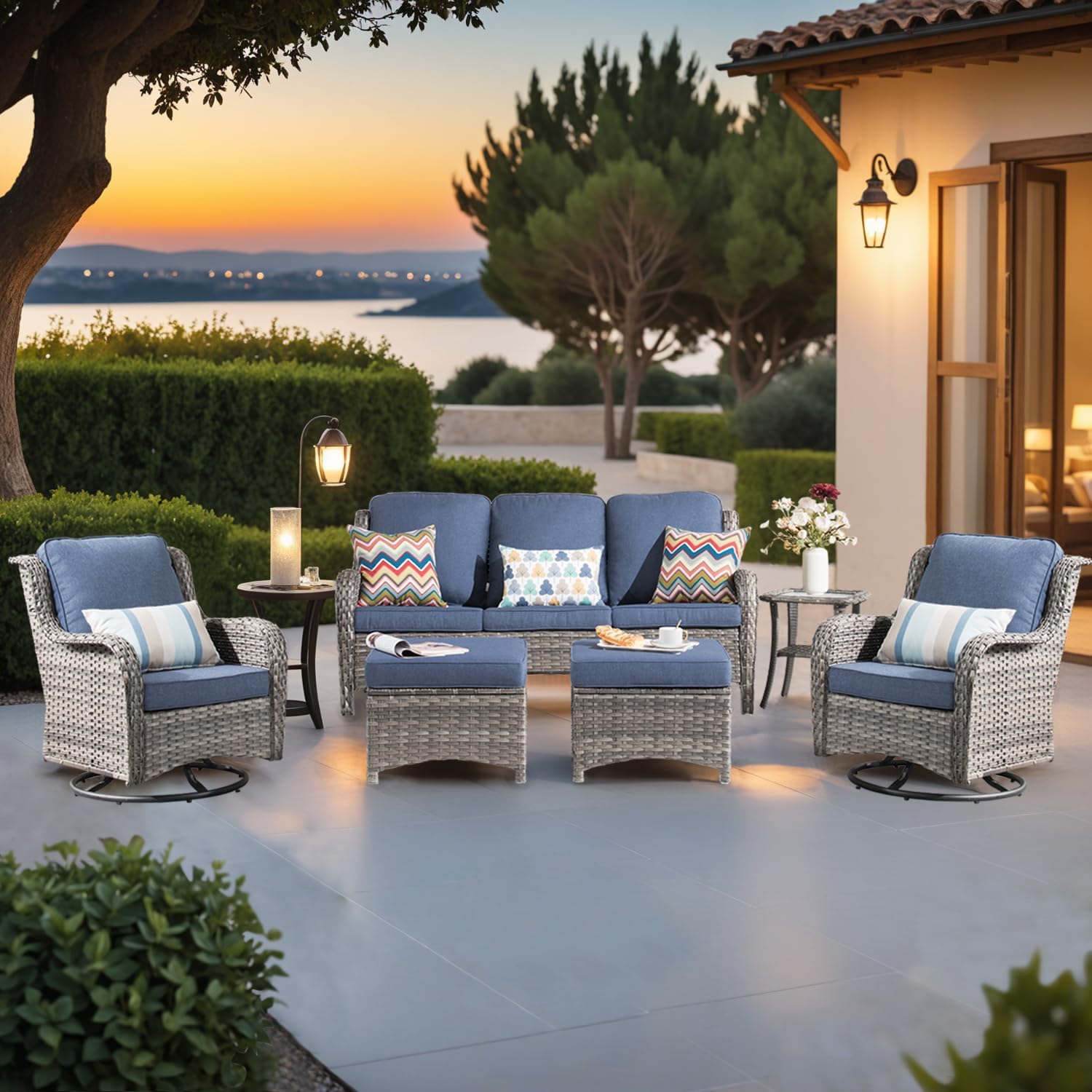 ovios 6-Pieces Patio Furniture Set, Outdoor Wicker Sofa Couch with Swivel Glider Chairs Comfy Cushions, High Back Modern Conversation Set, Grey Rattan, Denim Blue