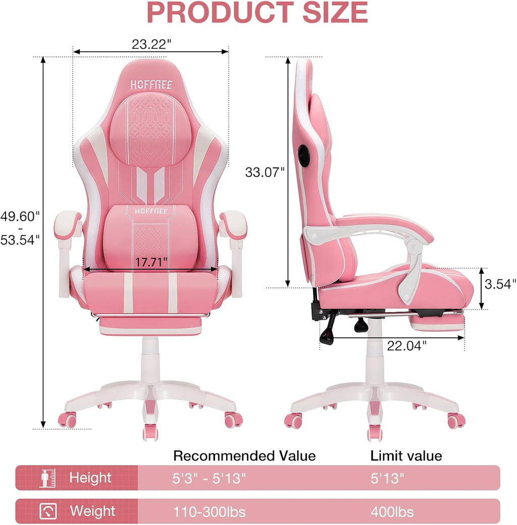 HOFFREE Pink Led Gaming Chair with Bluetooth Speakers Massage Gaming Chair with RGB Lights Big and Tall Gamer Chairs for 400lbs Heavy People High Back Computer Desk Chair with Footerst Pink and White