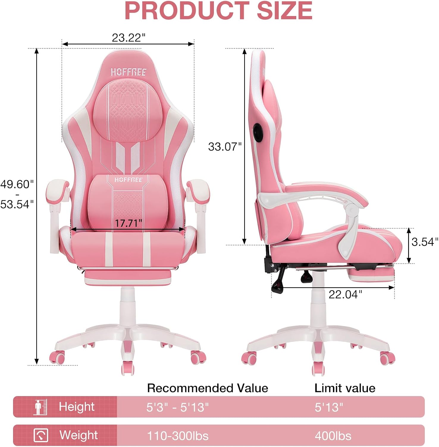 HOFFREE Pink Led Gaming Chair with Bluetooth Speakers Massage Gaming Chair with RGB Lights Big and Tall Gamer Chairs for 400lbs Heavy People High Back Computer Desk Chair with Footerst Pink and White