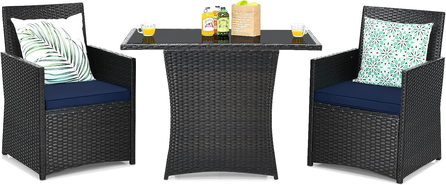 Tangkula 3 Pieces Patio Dining Set, Space-Saving PE Rattan Bistro Set with Tempered Glass Top Table and Cushioned Chairs, Outdoor Conversation Set for Garden Backyard Poolside Porch (Blue)