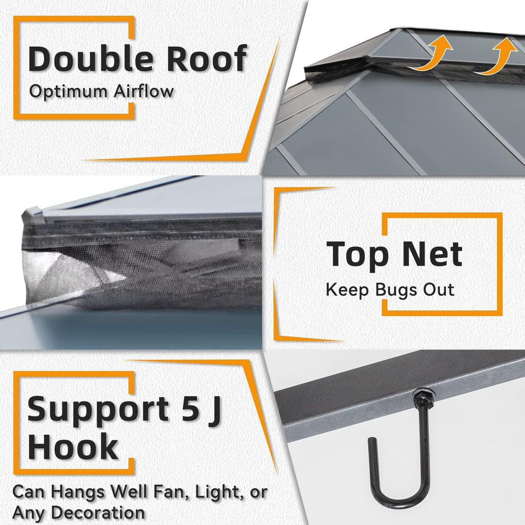 EROMMY 12' x 20' Gazebo Outdoor Double Roof Aluminum Composite Canopy Aluminum Frame Pavilion with Curtains and Netting for Patio Lawn Garden Backyard