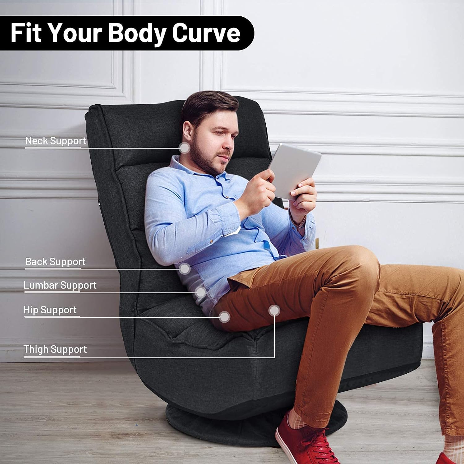 Giantex 360 Degree Swivel Gaming Chair, 6 Position Adjustable Folding Floor Chair, 300lb Spring Support, Comfortable Padded Backrest, Lazy Sofa Chair Game Rocker for Teens Adults (Black)
