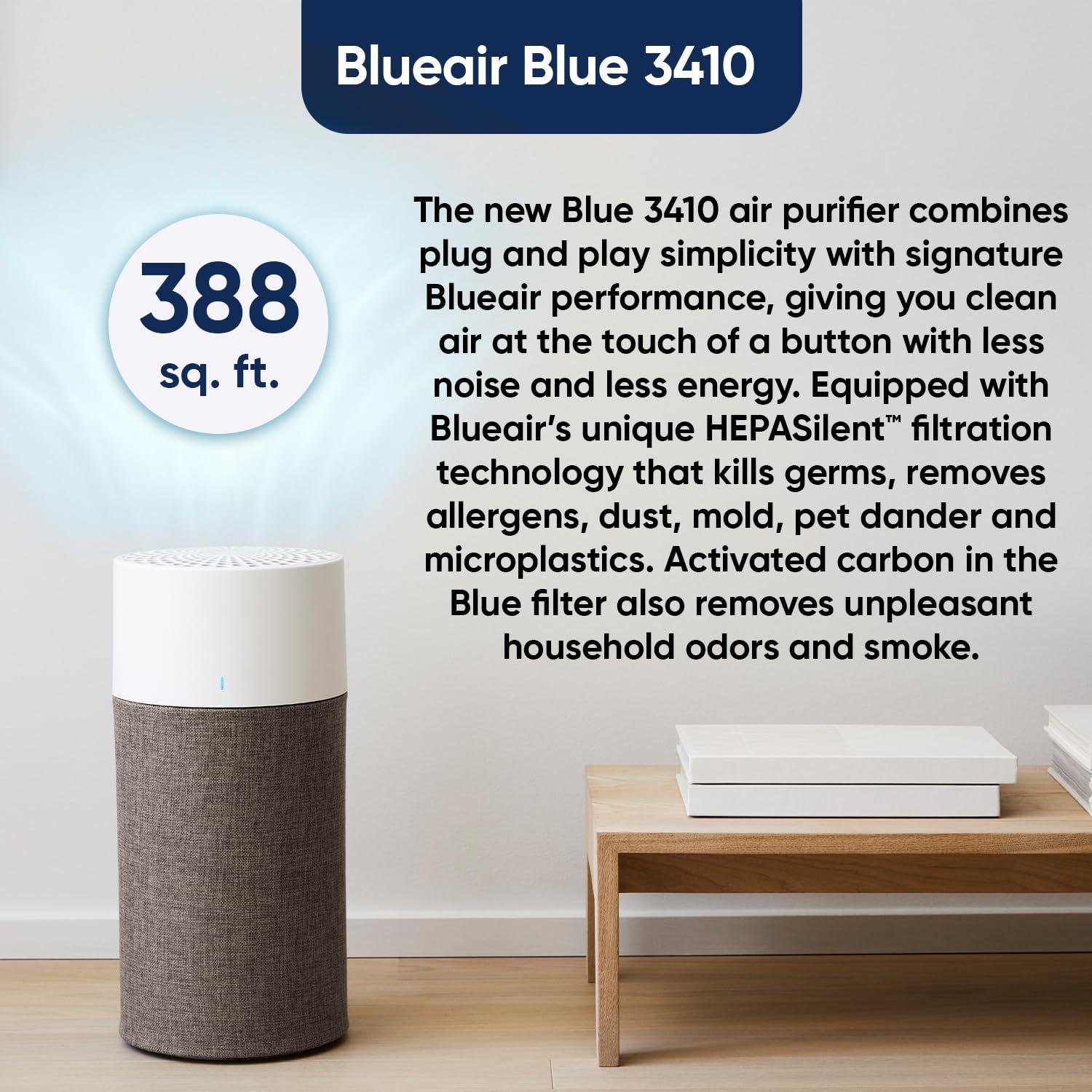 BLUEAIR Bedroom Air Purifier, Air Cleaner Dust Pet Dander Smoke Mold Pollen Bacteria Virus Allergen, Odor Removal, for Home Office Kitchen, Washable Pre Filter, HEPASilent, Medium Room, Blue 311 Auto