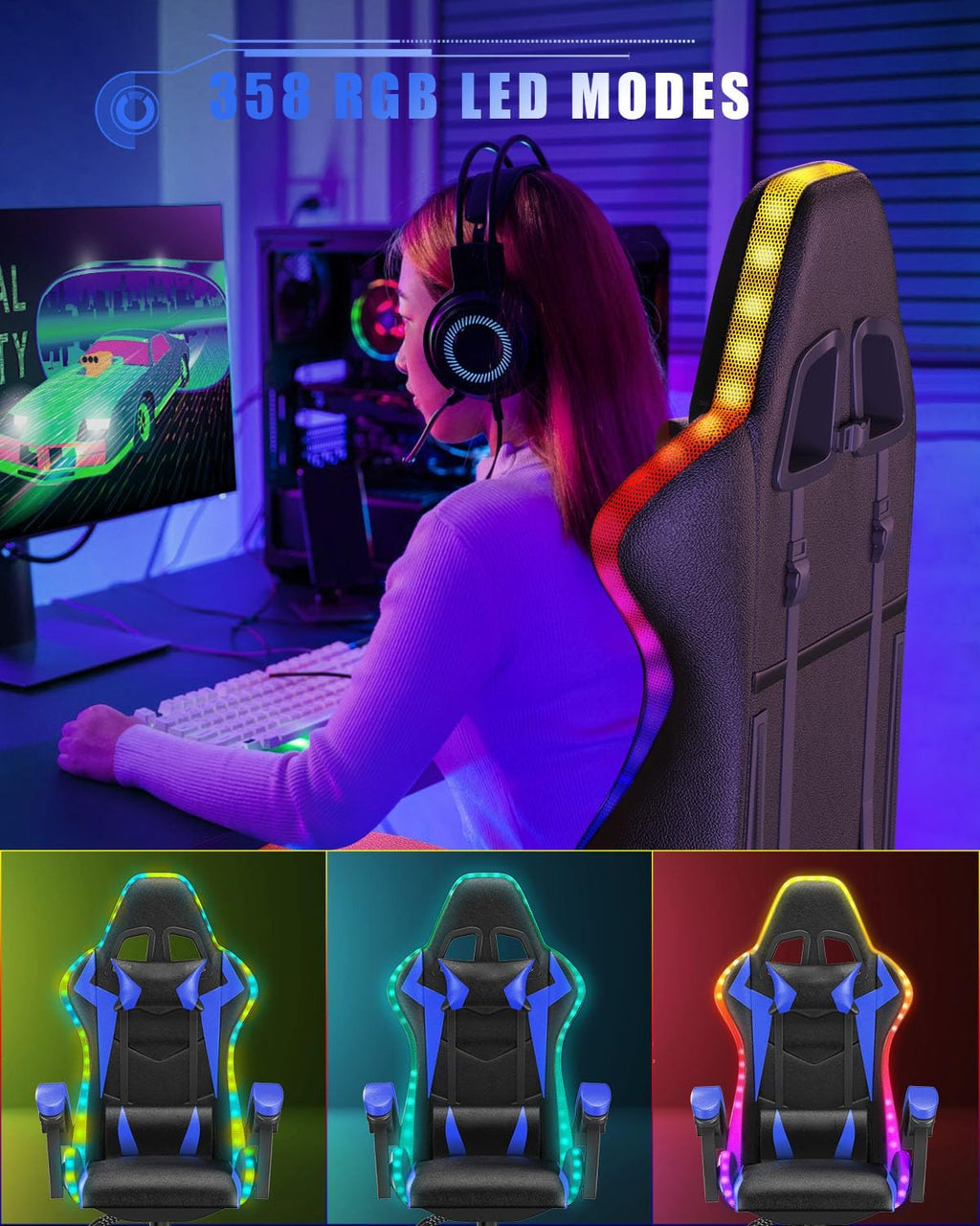 Racingreat Gaming Chair with RGB LED Lights, Ergonomic Computer Chair with Headrest and Lumbar Support, PU Leather High Back Height Adjustable Swivel Video Game Chairs for Adults(Blue)