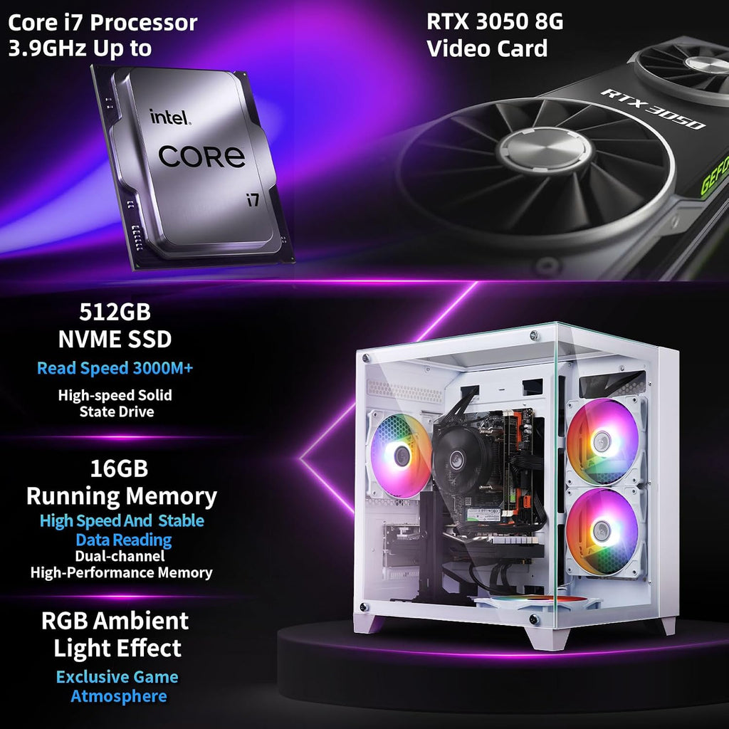 ZER-LON Gaming PC Desktop, Prebuilt Gaming Computer with Intel Core I7 up to 3.9 GHz, RTX 3050 8G, 16G RAM, 512GB SSD, ARGB Cooling Fan,Supply WiFi Support