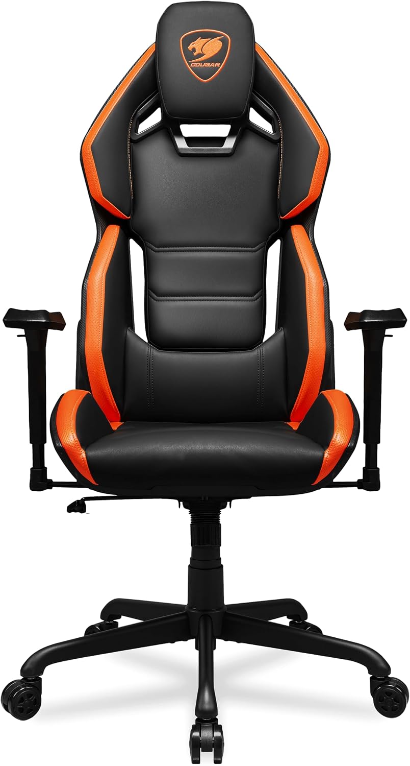 Cougar Hotrod Ergonomic and Comfortable Gaming Chair with Head and Lumbar Support, Steel Frame and Base, Reclining Backrest, Tilt Mechanism, Premium Hyper-Dura Leatherette, 3D Armrest, BK/Orange