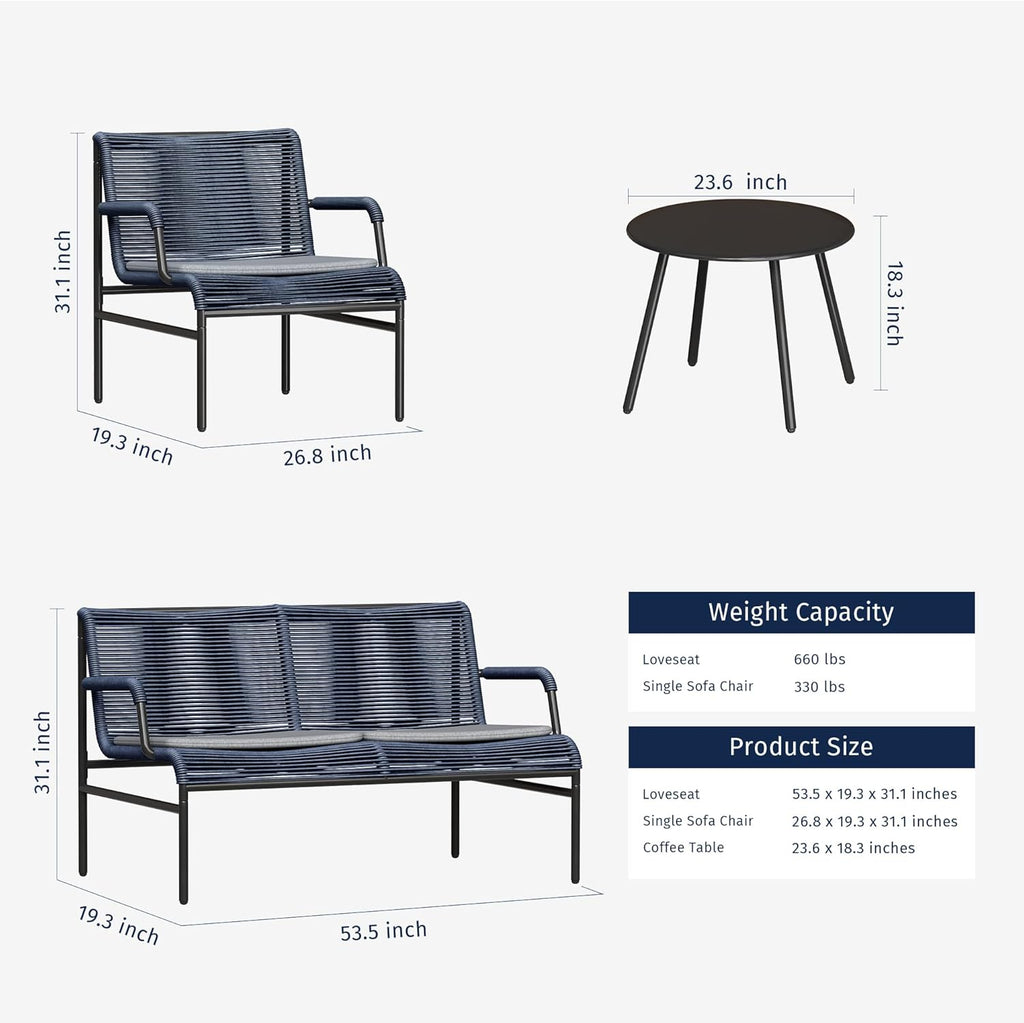 East Oak 4 Piece Patio Furniture Set, Outdoor Furniture with PE Wicker Rattan Chairs and Coffee Table, Modern Patio Conversation Set with Soft Pad for Garden, Backyard and Porch, Navy Blue