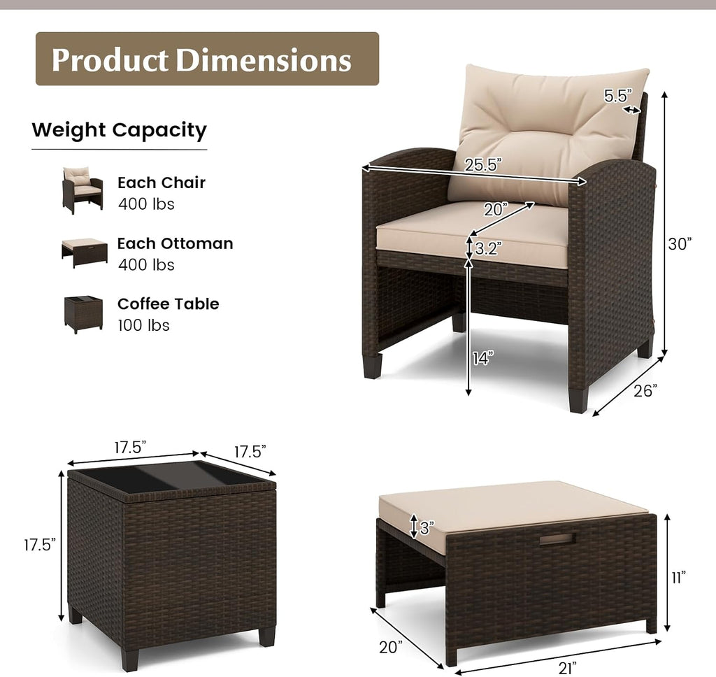 KOTEK 5 Pieces Patio Furniture Set with Ottomans, Wicker Patio Conversation Set with Coffee Table & Cushions, PE Rattan Outdoor Lounge Chairs for Backyard, Porch, Poolside (Mix Brown- Beige)