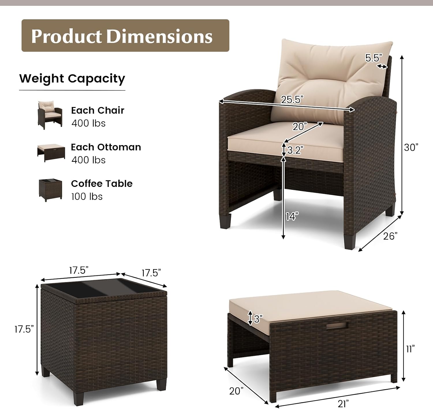 KOTEK 5 Pieces Patio Furniture Set with Ottomans, Wicker Patio Conversation Set with Coffee Table & Cushions, PE Rattan Outdoor Lounge Chairs for Backyard, Porch, Poolside (Mix Brown- Beige)