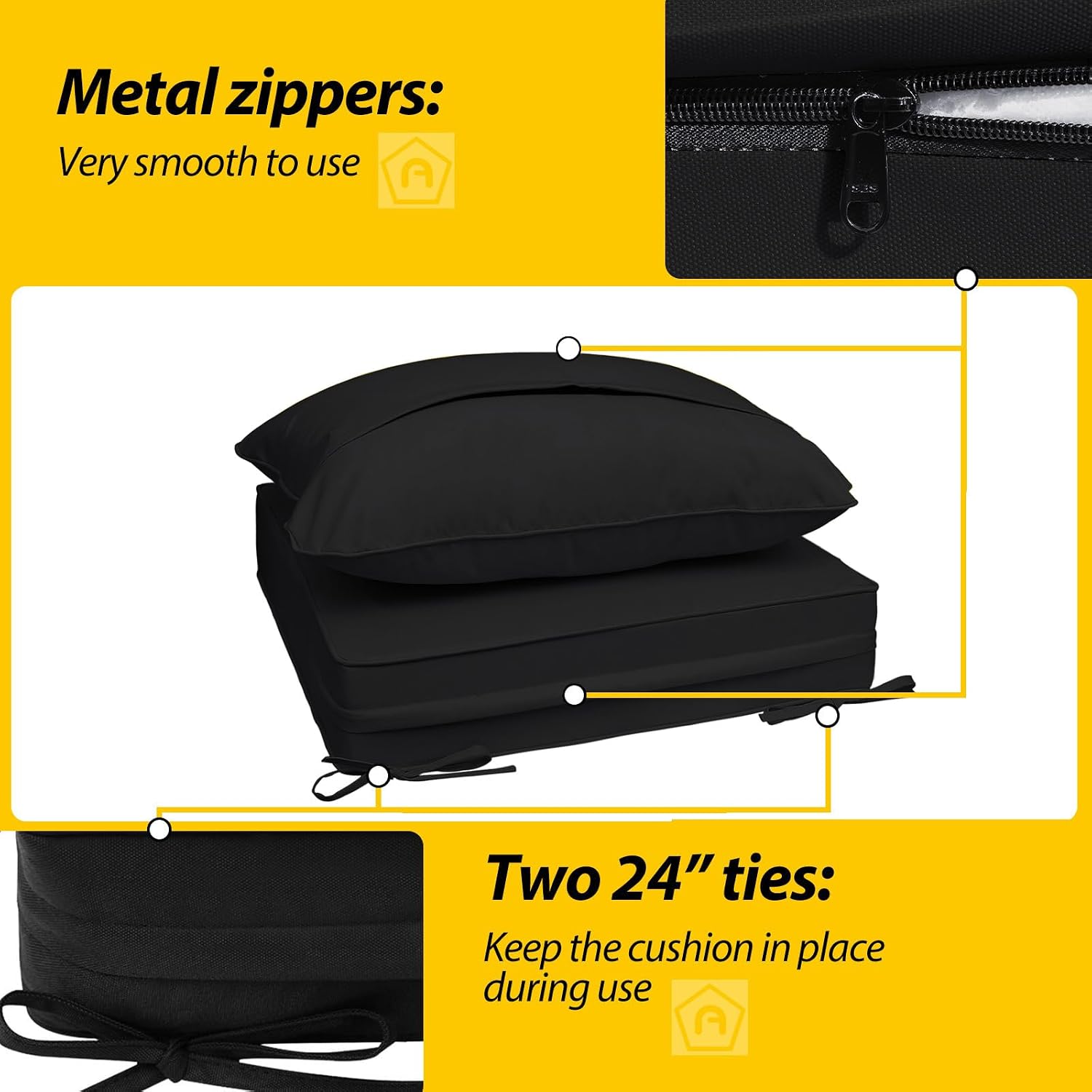 AAAAAcessories Outdoor Deep Seat Cushions, Waterproof, Fade-Resistant Patio Furniture Replacement Cushions, 24' x 24' x 5', Set of 4, Black