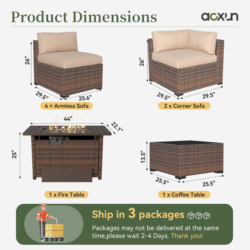 Aoxun 8 Piece Patio Furniture Set with 44' Fire Pit Table Wicker Rattan Outdoor Sectional Sofa Set with Coffee Table and Thickened Cushions, Beige (Waterproof Cover Included)