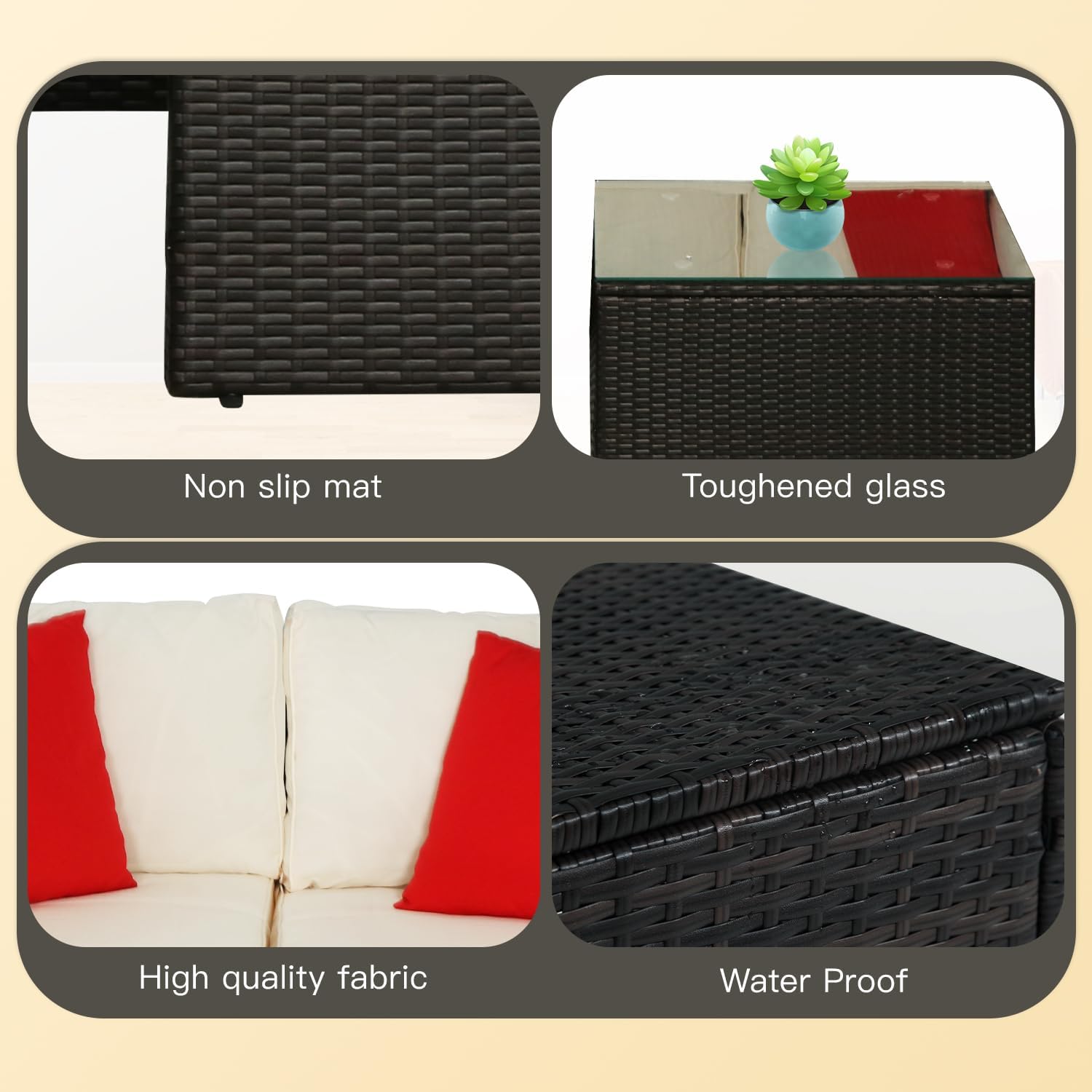 5 Pieces Patio Furniture Set Outdoor Sectional Furniture All Weather Outdoor Couch Rattan Sofas Deck Furniture with Sponge Cushion Headrest and Glass Table for Backyard Deck Poolside Yard Pool,Khaki